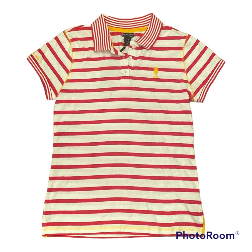 U.S. POLO ASSN. NWT Ladies Pink & White Stripe Short Sleeve Polo Junior Size M